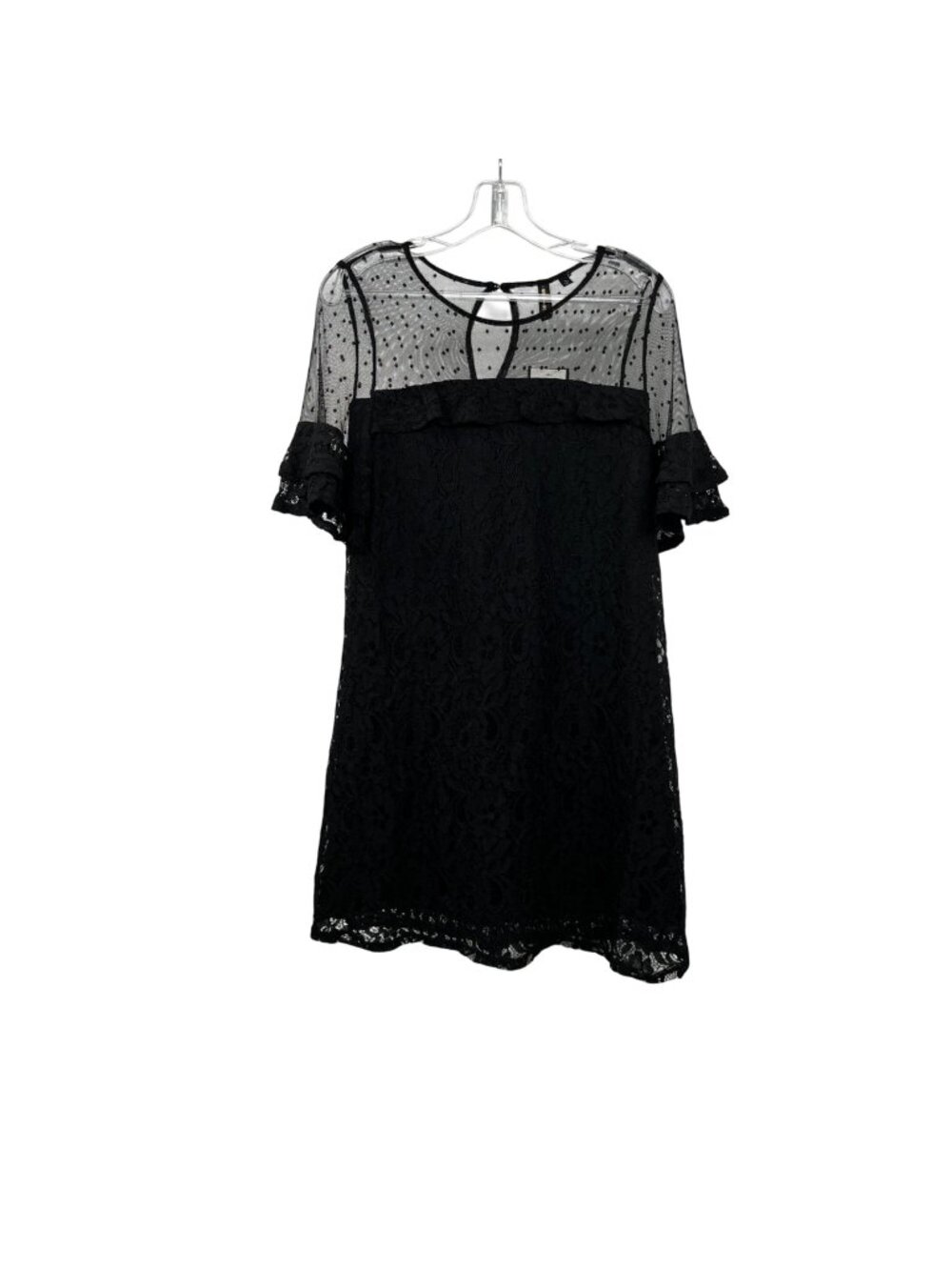 Want And Need Black Lace Sheath Dress Mesh Dotted Swiss Short Sleeve XL New